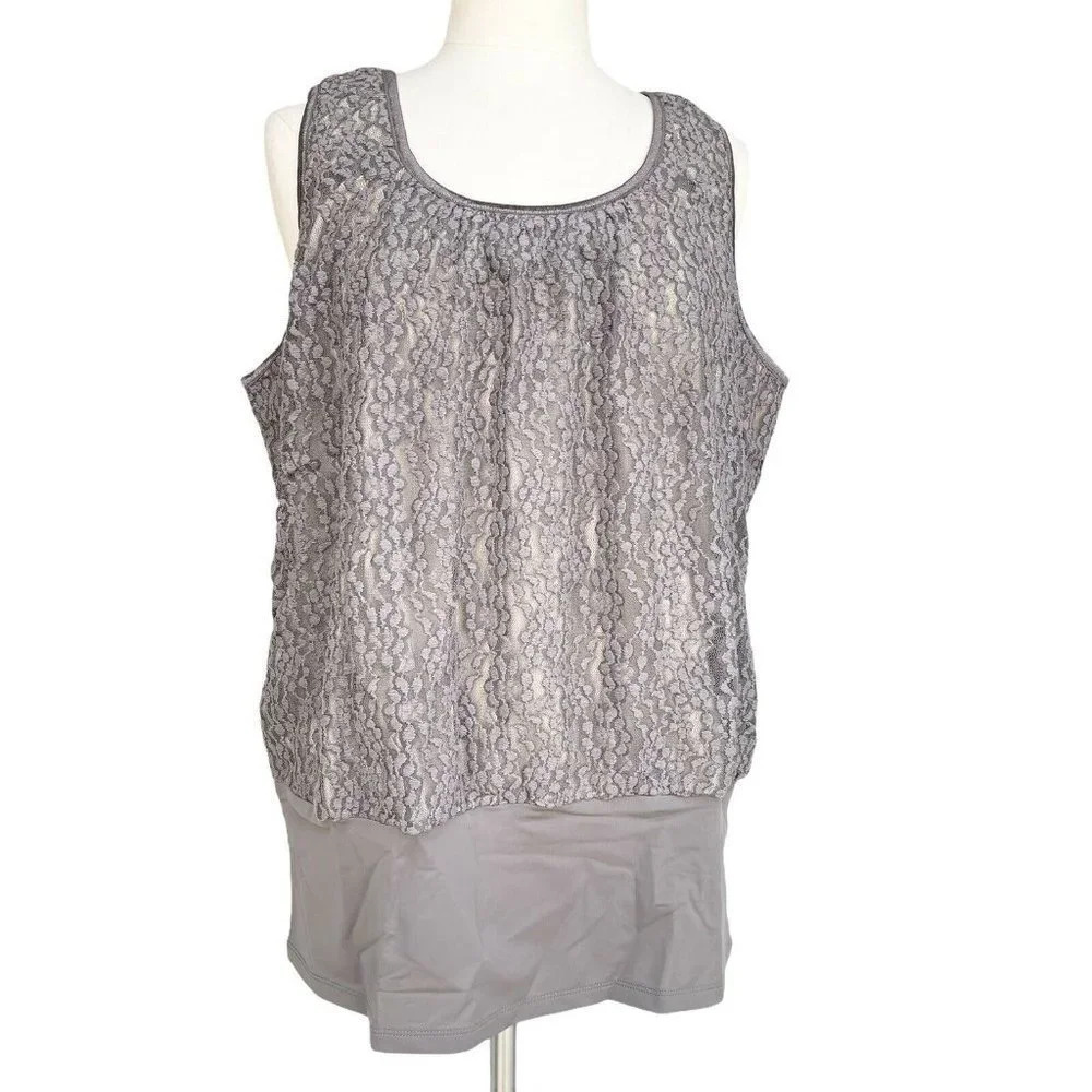 KATHLEEN KIRKWOOD Women’s Plus Size 3X Grey Undercover Agent Lace Overlay Cami